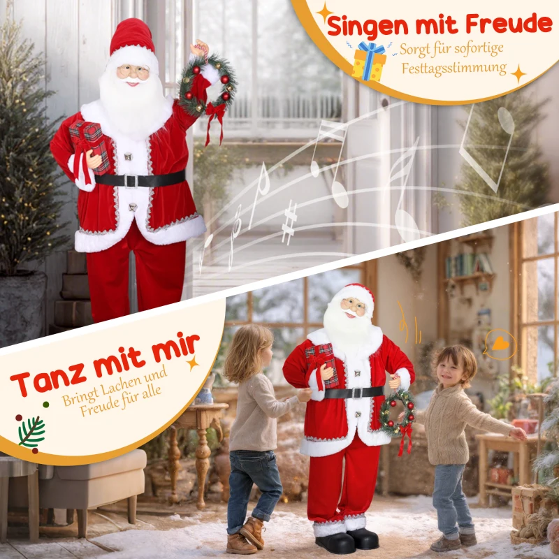 HOMCOM Weihnachtsmann, Weihnachts-Dekoration, 120 cm, biegsame Arme, mit Geschenk & Weihnachtskranz, Geräuschaktivierung, Rot(m-4)