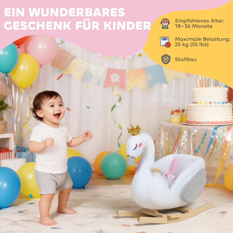 AIYAPLAY Schaukeltier, Schwan-Schaukel mit Schlaflied, weicher Füllung, Holzrahmen, für Kinder 1,5-3 Jahre, 65x40x68 cm, Weiß