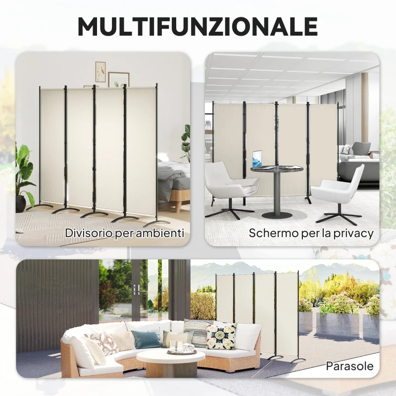 Outsunny Paravento da Esterno e Interno a 4 Pannelli Pieghevole, 221x50x172cm, Crema