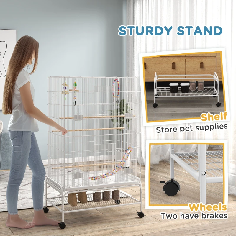 PawHut Bird Cage w/ Stand, Toys, Accessories, for Canaries, Finches, White