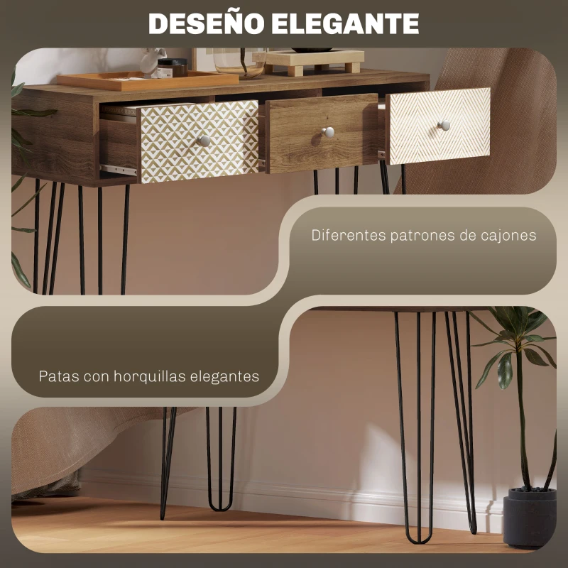 HOMCOM Mesa de Consola Mesa de Sofá con 3 Cajones con Patas de Acero Tipo Horquilla Estilo Bohemio Natural
