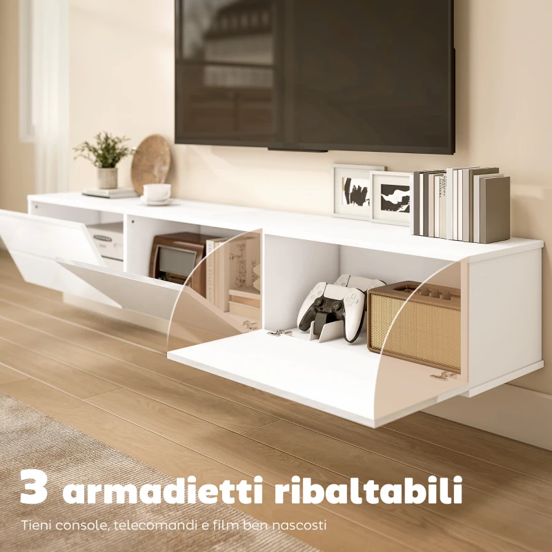 HOMCOM Mobile Porta TV fino a 82" Sospeso con 3 Armadietti a Ribalta e Ante Soft Close, Bianco Lucido