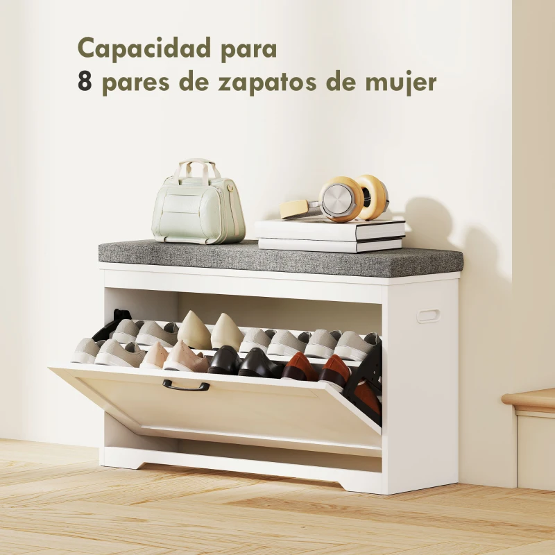 HOMCOM Banco Zapatero Moderno con Asiento Acolchado Estante Ajustable para 8 Pares de Zapatos para Entrada 80x30x50 cm Blanco