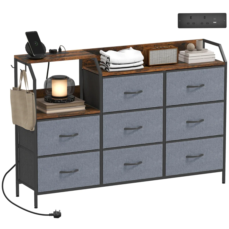 HOMCOM Chest of Eight Drawers, with Charging Station - Brown/Black