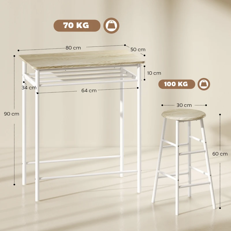HOMCOM Conjunto de Móvel Bar com Mesa Alta e 2 Bancos com Prateleira de Armazenamento e Estrutura de Metal 80x50x90cm Branco e Madeira