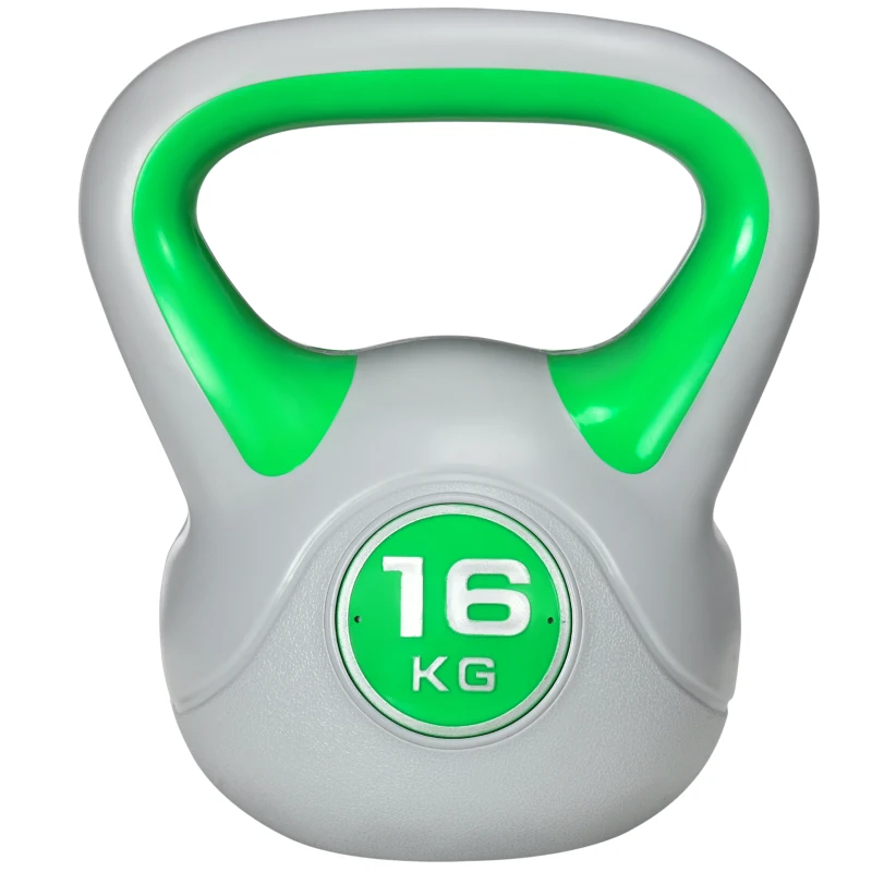 SPORTNOW Pesa Rusa 16 kg Kettlebell Revestimiento de PU y Relleno de Arena para Entrenamiento de Fuerza 26x18x32 cm Verde y Gris