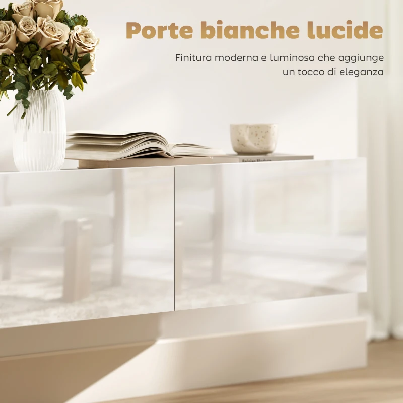 HOMCOM Mobile Porta TV fino a 82" Sospeso con 3 Armadietti a Ribalta e Ante Soft Close, Bianco Lucido