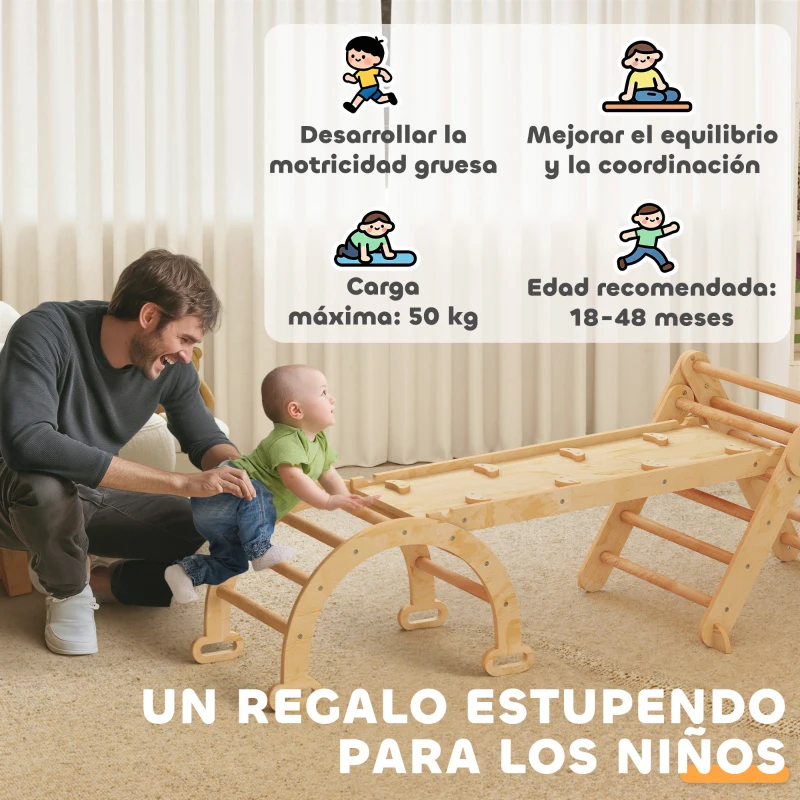 AIYAPLAY 7 en 1 Triángulo de Escalada Montessori de Madera Plegable con Arco y Rampa para Niños 18-48 Meses 188x70 cm Natural
