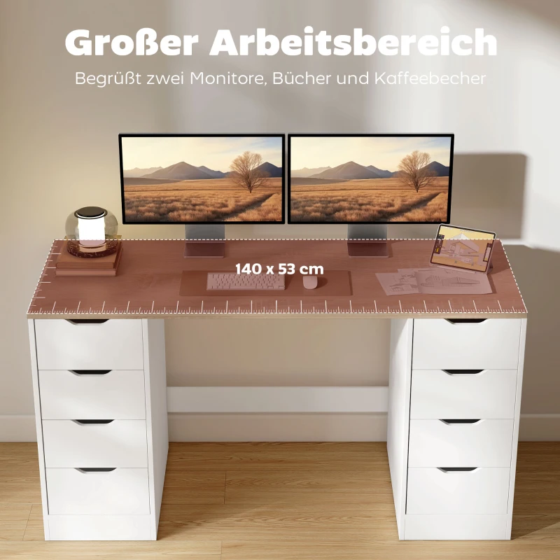 HOMCOM 140 cm Computertisch, 8 Schubladen, Schreibtisch für Homeoffice, Schlafzimmer, Stahl, Holz, Weiß