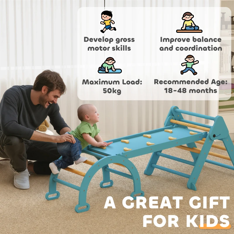 AIYAPLAY 7 en 1 Triángulo de Escalada Montessori de Madera Plegable con Arco y Rampa para Niños de 18-48 Meses 188x70 cm Azul