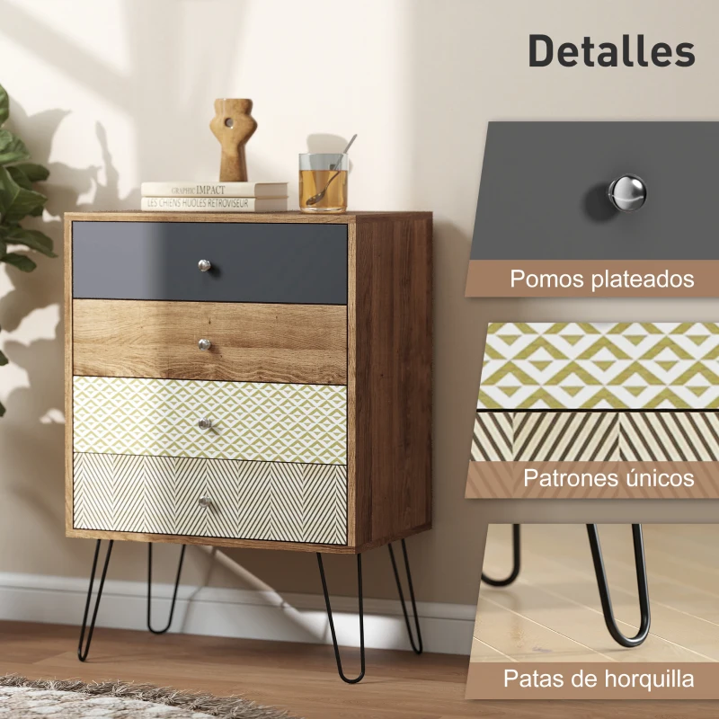 HOMCOM Cómoda con 4 Cajones Patas de Horquilla de Acero Estilo Bohemio 60x39x86 cm Multicolor
