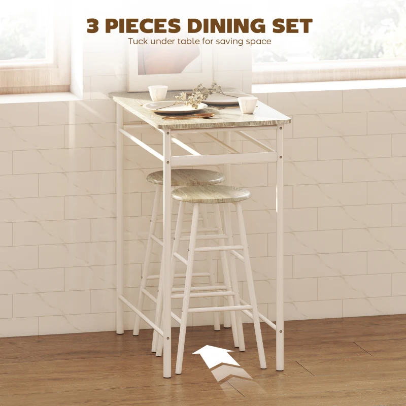 HOMCOM Bar Table Set, Bar Table and Stools Set, Footrest and Storage Shelf, for Kitchen, Dining Room, Pub, Cafe, White and Oak