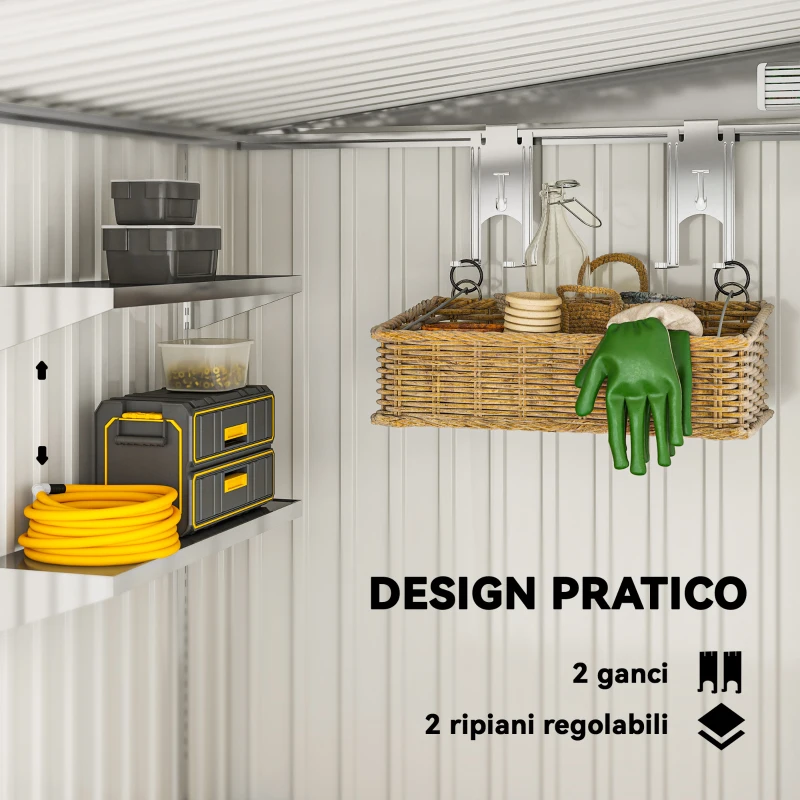 Outsunny Capanno Attrezzi in Metallo 1.5x2m con Base, Porta Scorrevole e Tetto Inclinato, Grigio Chiaro