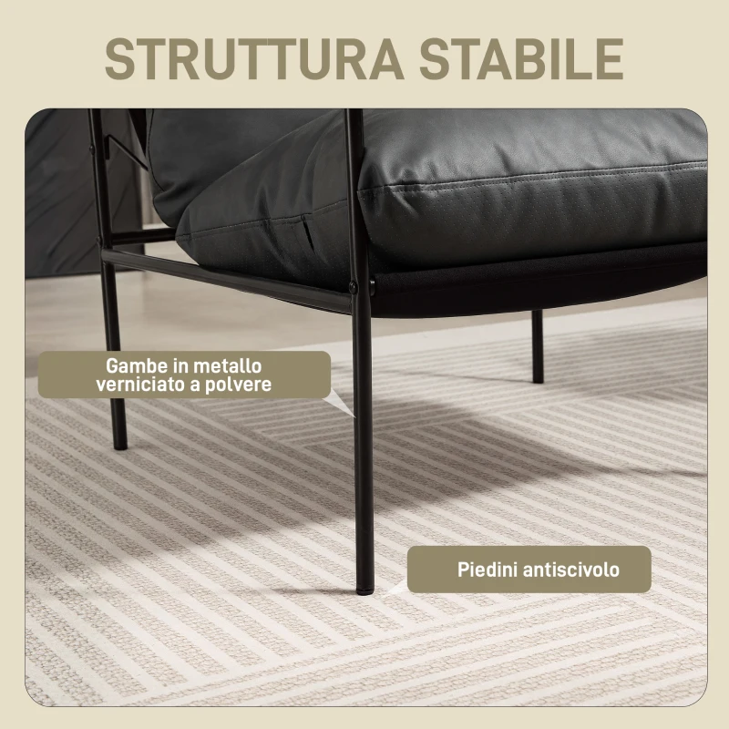 HOMCOM Poltrona da Salotto in Pelle PU e Telaio in Metallo con Cuscini Spessi, 74.5x75x77 cm, Grigio Carbone