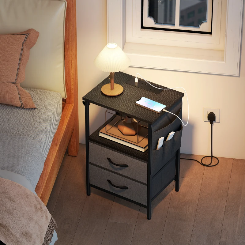 HOMCOM Bedside Table with Charging Station - Black