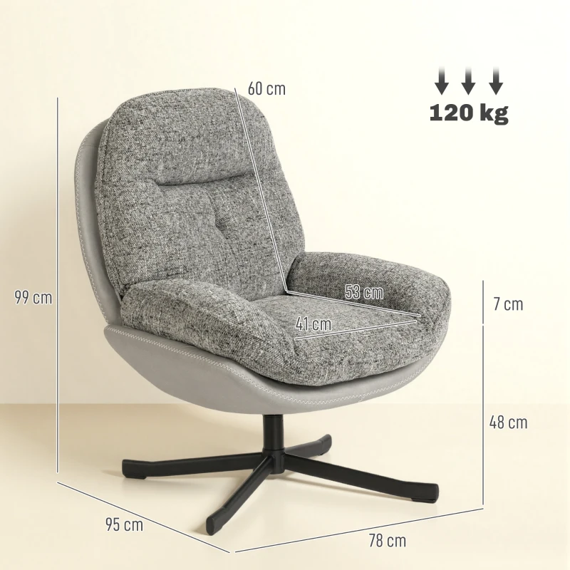 HOMCOM Butaca de Salón Giratoria Moderna Tapizada en Chenilla y Cuero PU con Asiento Ancho Base de Cruz Sillón Relax Gris