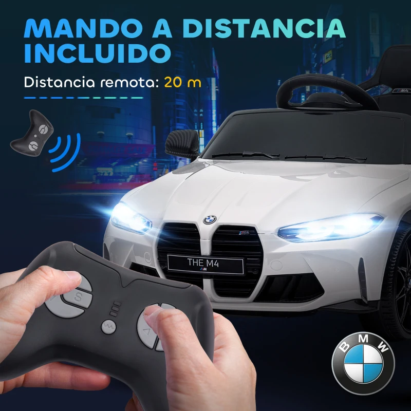 AIYAPLAY Coche de Batería para Niños 12V BMW M4 con Mando a Distancia Faros Bocina Música Velocidad 3-5 km/h Blanco