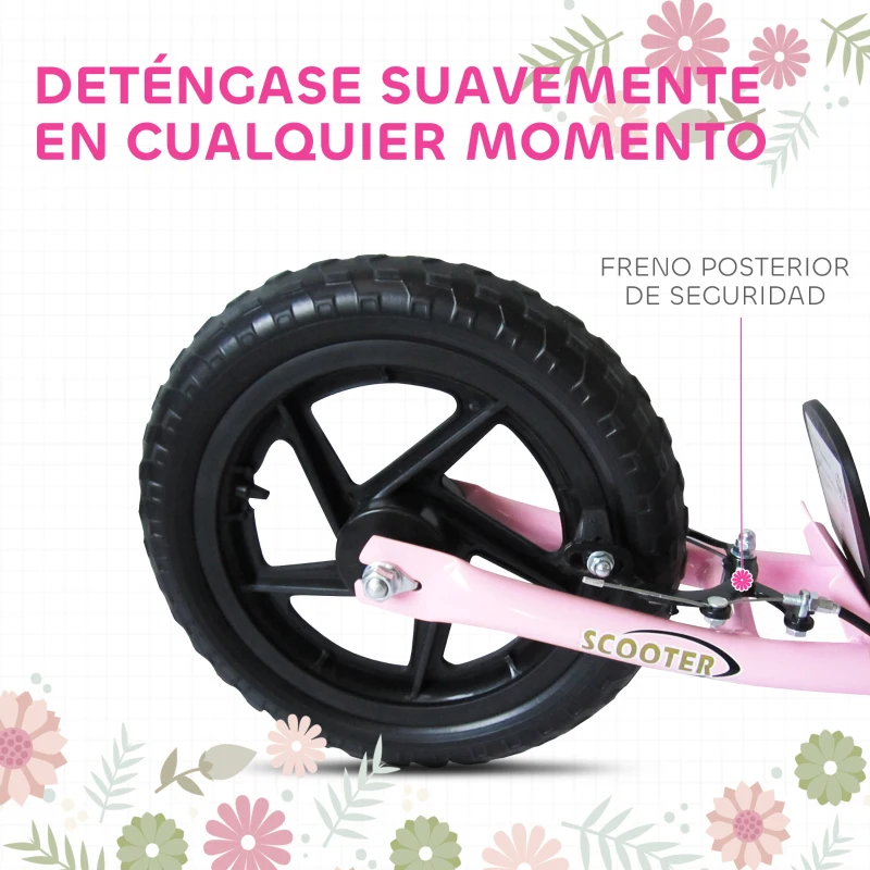 HOMCOM Patinete para Niños de 5-12 Años Scooter de 2 Ruedas Grandes de 12 Pulgadas con Freno y Manillar Ajustable en Altura Carga Máx. 50 kg 120x52x80-88 cm Rosa