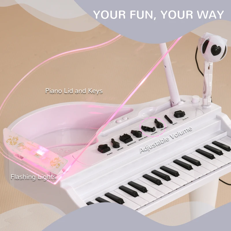 AIYAPLAY 32-Key Kids Piano Keyboard, with Stool, Lights, Microphone, Sounds, Removable Legs - White