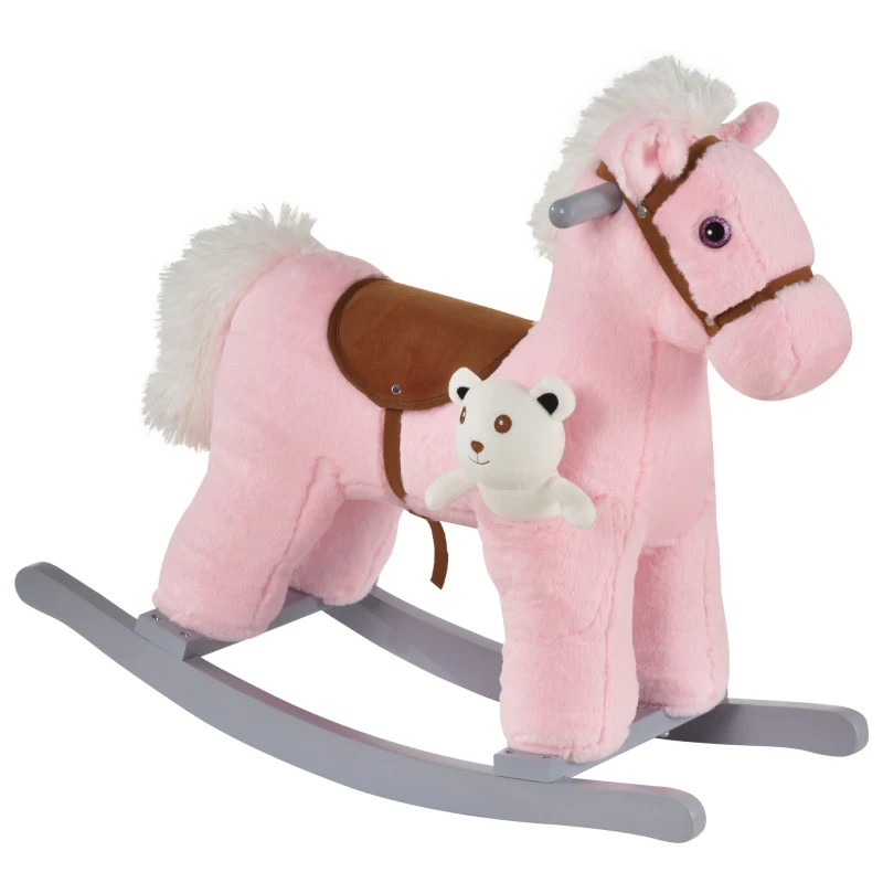 HOMCOM Caballito Balancín con Felpa con Osito de Peluche para Niños 18-36 Meses Caballo Mecedora Sonidos de Relincho y Galope Base de Madera Asiento 35 cm Carga 30 kg 65x26x55 cm Rosa