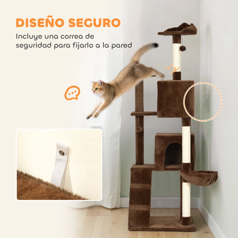 PawHut Árbol Rascador para Gatos 180 cm con Plataformas Cama 2 Cuevas Hamaca Escalera Postes de Sisal Marrón