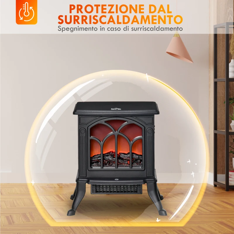 HOMCOM Camino Elettrico da Terra con 2 Livelli di Potenza 750/1500 W, Effetto Fiamma, Area di Copertura 15-20 m², Nero