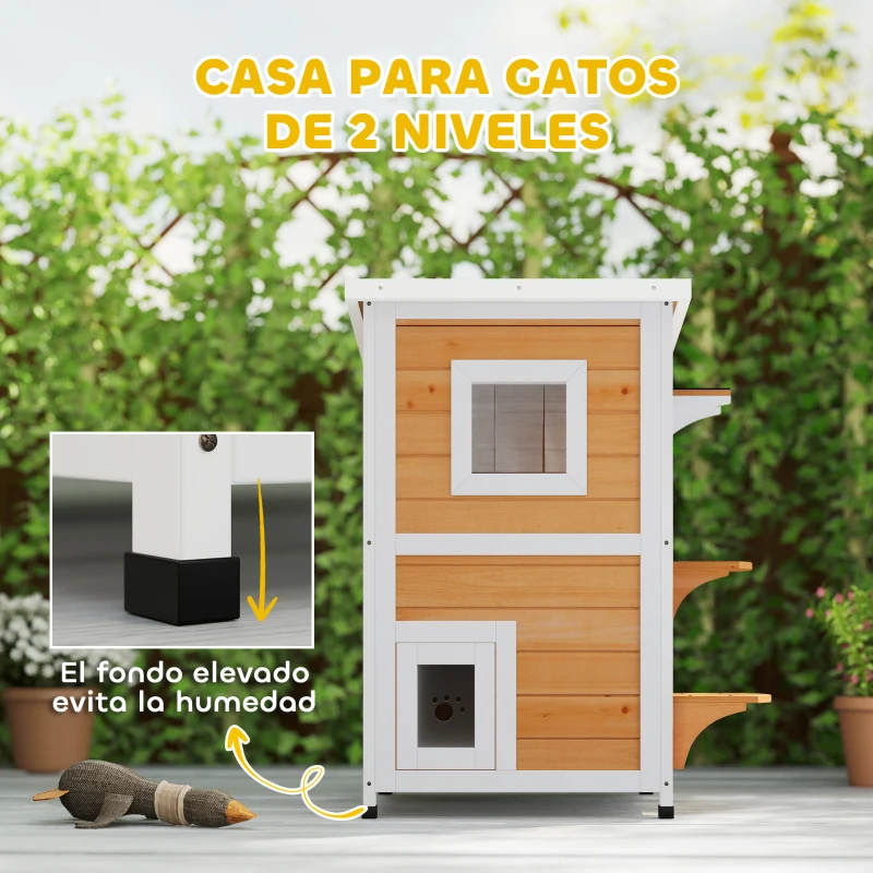 PawHut Caseta para Gatos de Madera Exterior de 2 Niveles con Techo Abatible Panel Central Extraíble 51x51x81,3 cm Natural