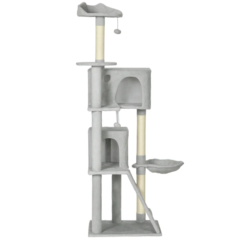 PawHut Árbol Rascador para Gatos 180 cm con Plataformas Cama 2 Cuevas Hamaca Escalera Postes de Sisal Gris Claro