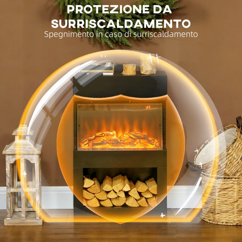 HOMCOM Camino Elettrico con Effetto Fiamma 3D Colorata, 1000W/2000W con Temperatura Regolabile e Telecomando, Nero