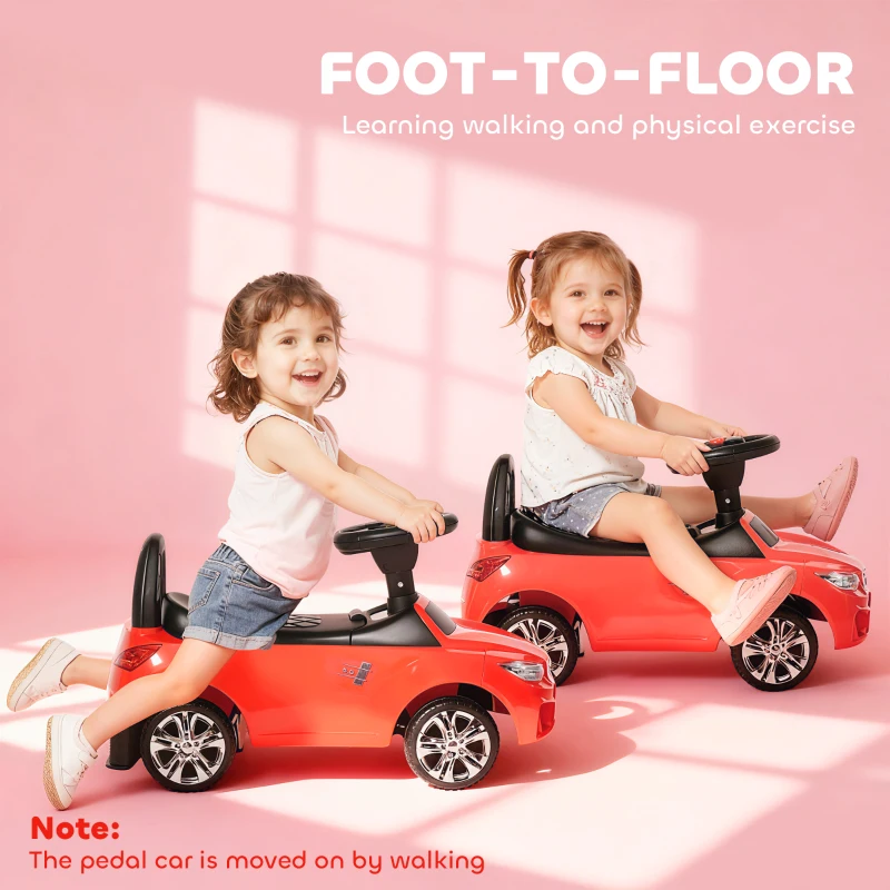 HOMCOM Porteur enfants voiture, véhicule à pousser avec coffre à jouets, klaxon, phares et musique, 63,5 x 28 x 36 cm, rouge