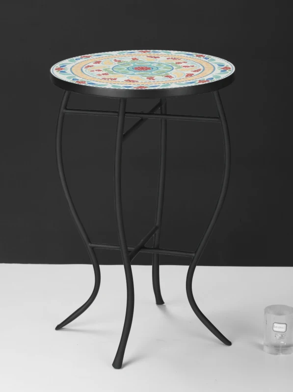 Outsunny Mesa de Jardim Redonda Mesa Auxiliar de Mosaico com Pés de Metal para Pátio Terraço Exterior Balcão 35,5x35,5x53,5cm Multicor