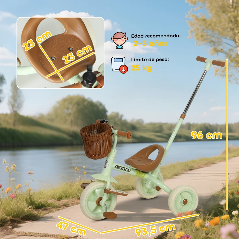 AIYAPLAY Triciclo para Bebés 2 en 1 para 2-5 Años con Barra Parental Pedales Antideslizantes, Reposapiés Plegables y Cesta Verde