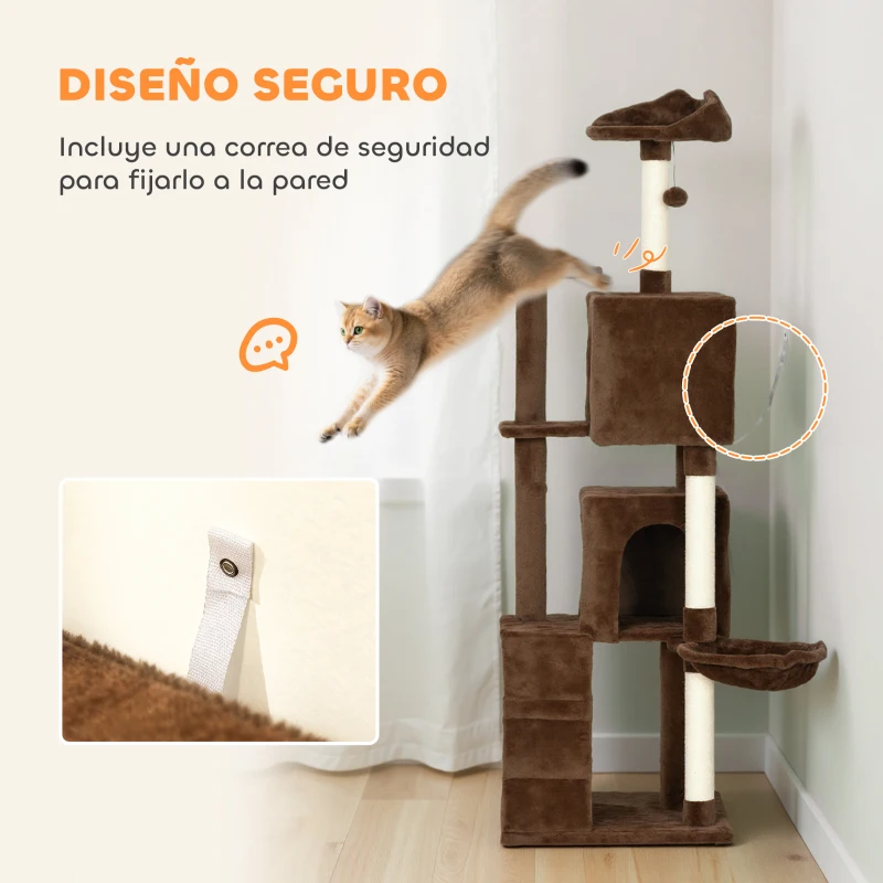 PawHut Árbol Rascador para Gatos 160 cm con Plataformas Cama 2 Cuevas Hamaca Escalera Postes de Sisal Marrón