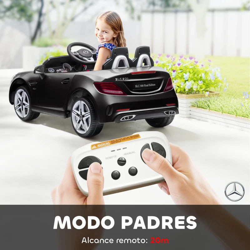 AIYAPLAY Coche Eléctrico para Niños de +3 Años Mercedes SLC 300 con Batería 12V Mando a Distancia Faros LED Bocina Música Negro