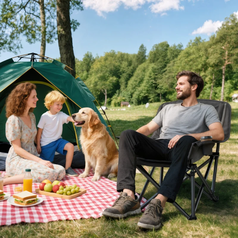 Outsunny Chaise de camping pliante et portable avec porte-gobelets, poches latérales et sac de transport, noir
