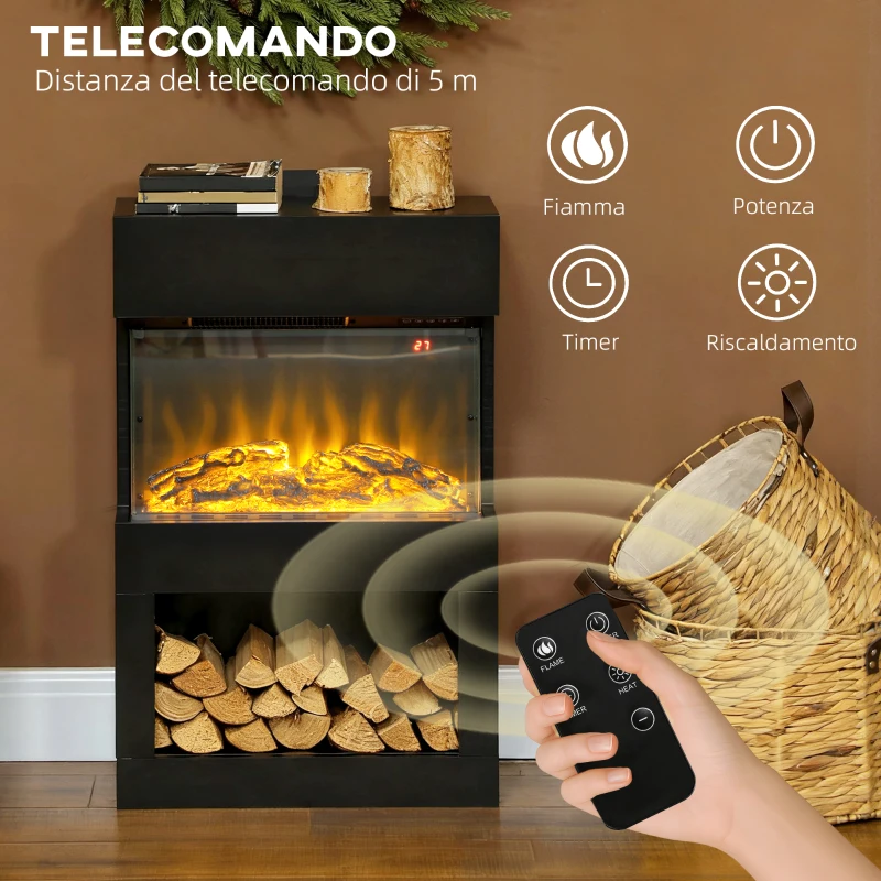 HOMCOM Camino Elettrico con Effetto Fiamma 3D Colorata, 1000W/2000W con Temperatura Regolabile e Telecomando, Nero