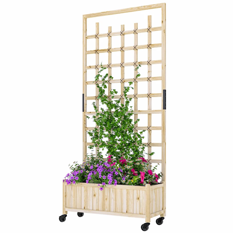 Outsunny Jardineira com treliça, vaso com rodas, para plantas trepadeiras, madeira maciça, 82,5x35x186cm, madeira natural