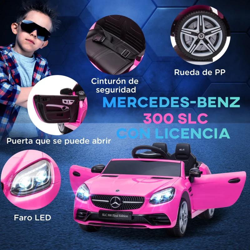 AIYAPLAY Coche Eléctrico para Niños de +3 Años, Mercedes SLC 300, Coche Eléctrico 12V, con Mando a Distancia 2,4 G, Ruedas Traseras con Suspensión, Faros LED, Música, USB, Motor Doble, Rosa