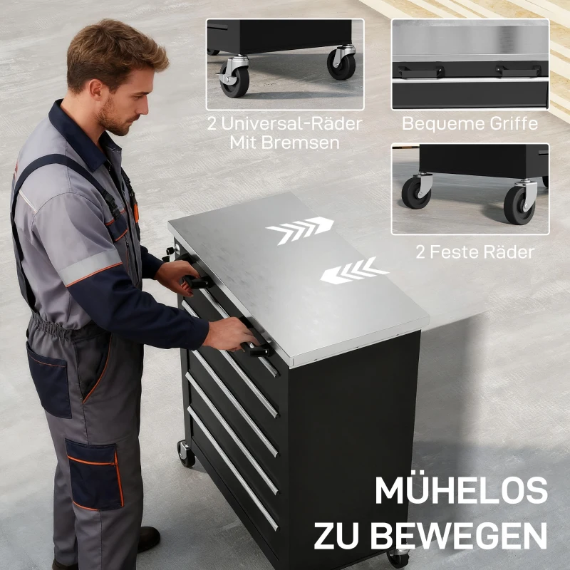 HOMCOM Werkzeugschrank mit 5 Schubladen, rollbare Werkzeugkiste, Werkzeugwagen aus Stahl, Silberton+Schwarz