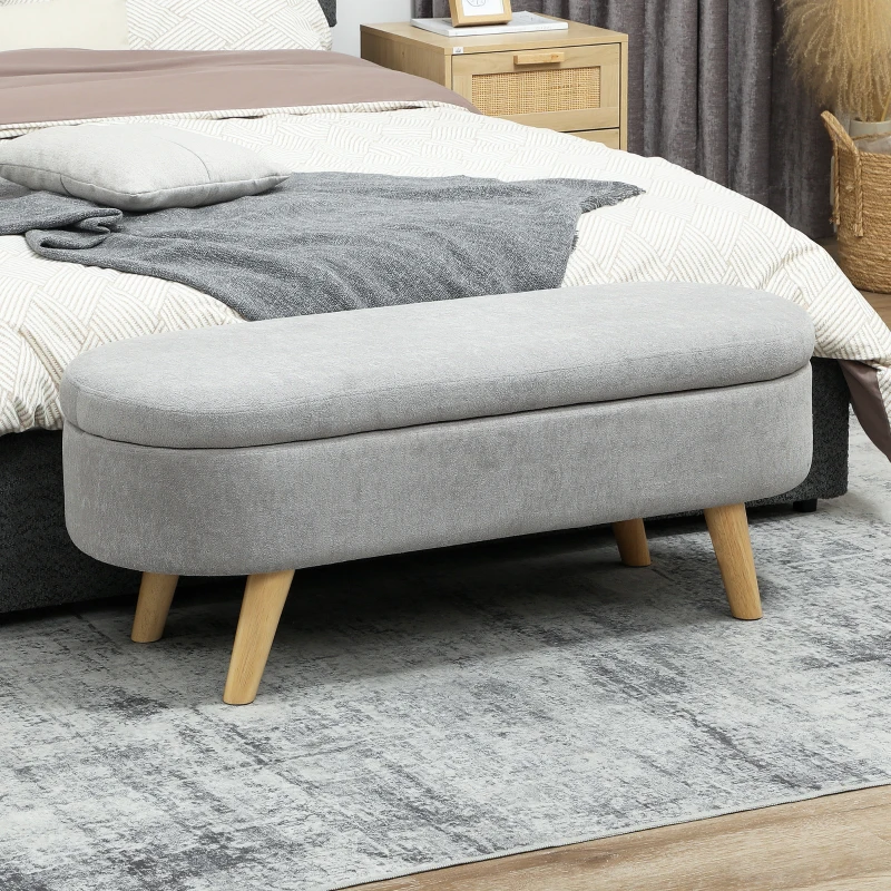 HOMCOM Banc banquette bout de lit coffre de rangement 2 en 1 en tissu avec pieds en bois 110l x 40P x 43H cm gris clair