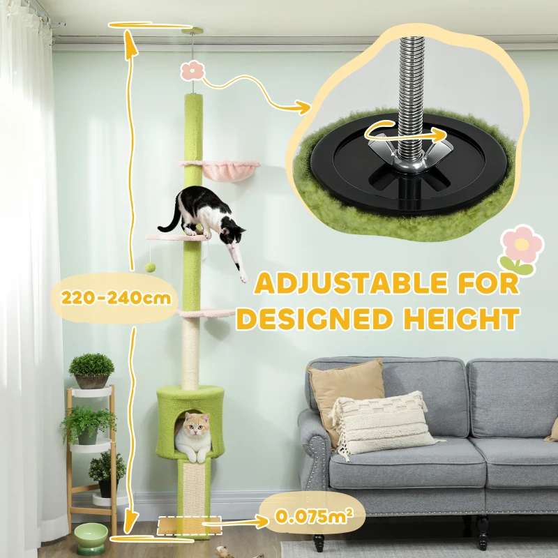 PawHut 220-240 cm Floor to Ceiling Cat Tree Adjustable Height with Hammock, Condo, Scratching Posts, Green