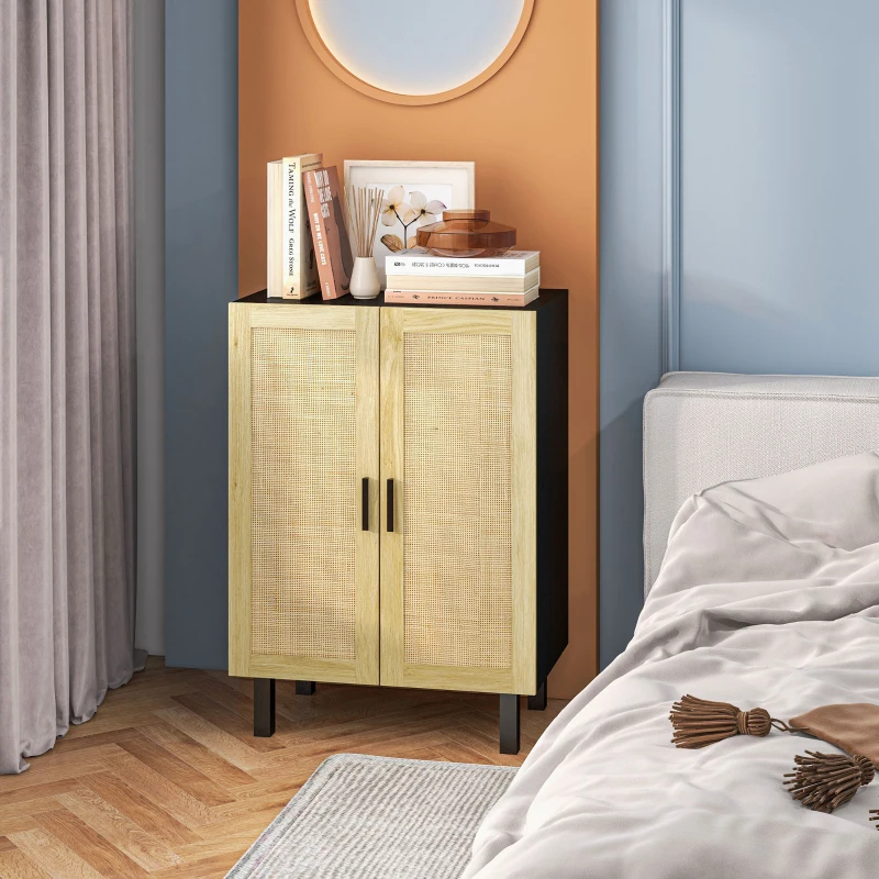 HOMCOM Buffet haut meuble de rangement design bohème double portes avec 3 étagères en cannage - 73 x 41 x 102 cm