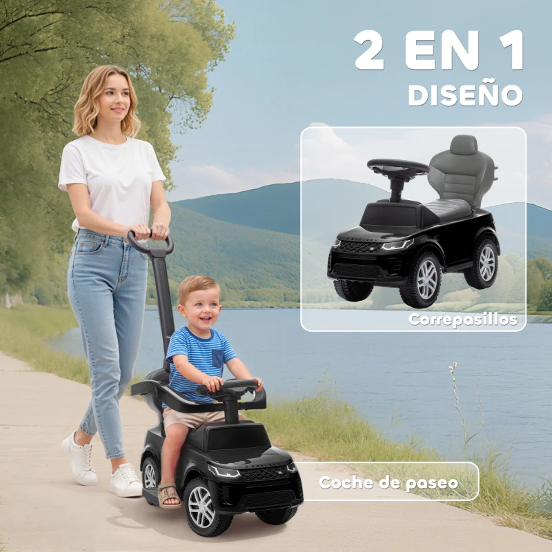 AIYAPLAY Correpasillos 2 en 1 para Niños de 18-36 Meses LAND ROVER DISCOVERY con Almacenaje Mango y Barandilla Extraíbles Negro