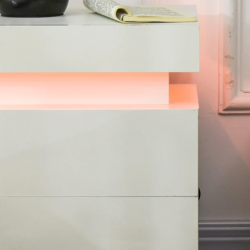 HOMCOM Comodino LED RGB con 2 cassetti, 4 Modalità di luce e 16 colori, in Legno, 45x35x52 cm, Bianco