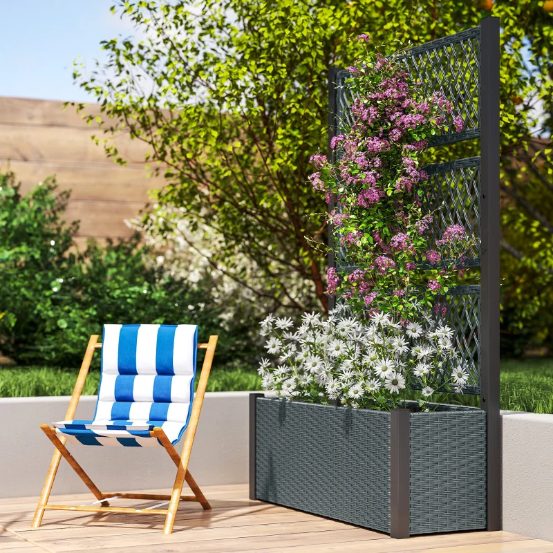 Outsunny Jardinière avec treillage en rotin Jardinière extérieure grande pour plantes grimpantes Pot avec housse Gris foncé