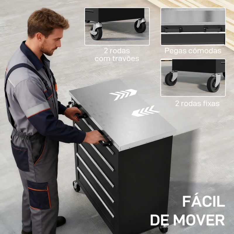 HOMCOM Carrinho de Ferramentas com 5 Gavetas Fecho Rodas com Travão e Bancada em Aço Inoxidável 65,5x34,5x76 cm Preto e Prateado