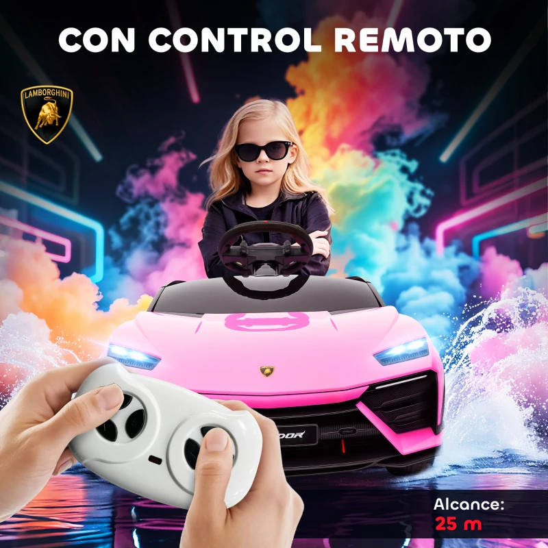 AIYAPLAY Coche Eléctrico para Niños de +3 Años con licencia Lamborghini Batería 12V Mando a Distancia 2,4 G Motor Doble Rosa