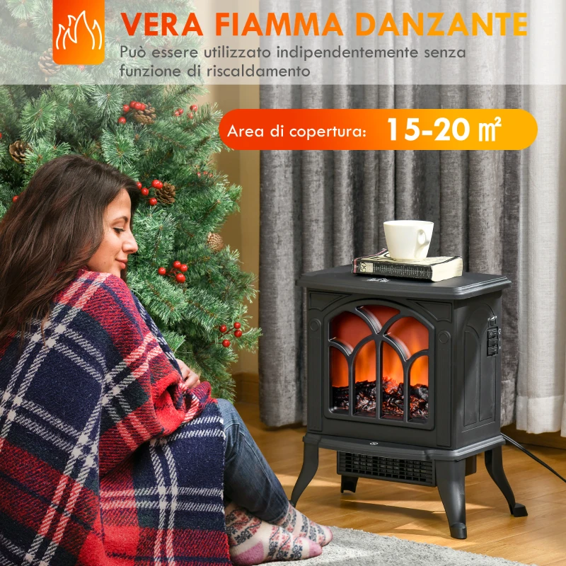 HOMCOM Camino Elettrico da Terra con 2 Livelli di Potenza 750/1500 W, Effetto Fiamma, Area di Copertura 15-20 m², Nero