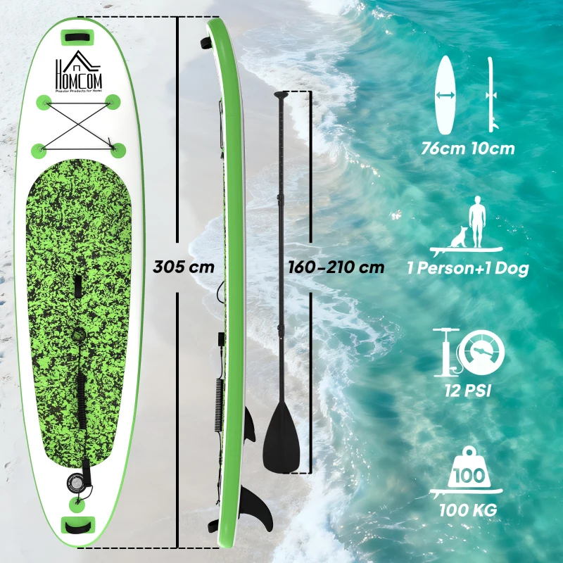 HOMCOM Tabla de Paddle Surf Hinchable 305x76x10 cm con Remo Ajustable y  Bolsa de Transporte e Inflador Verde