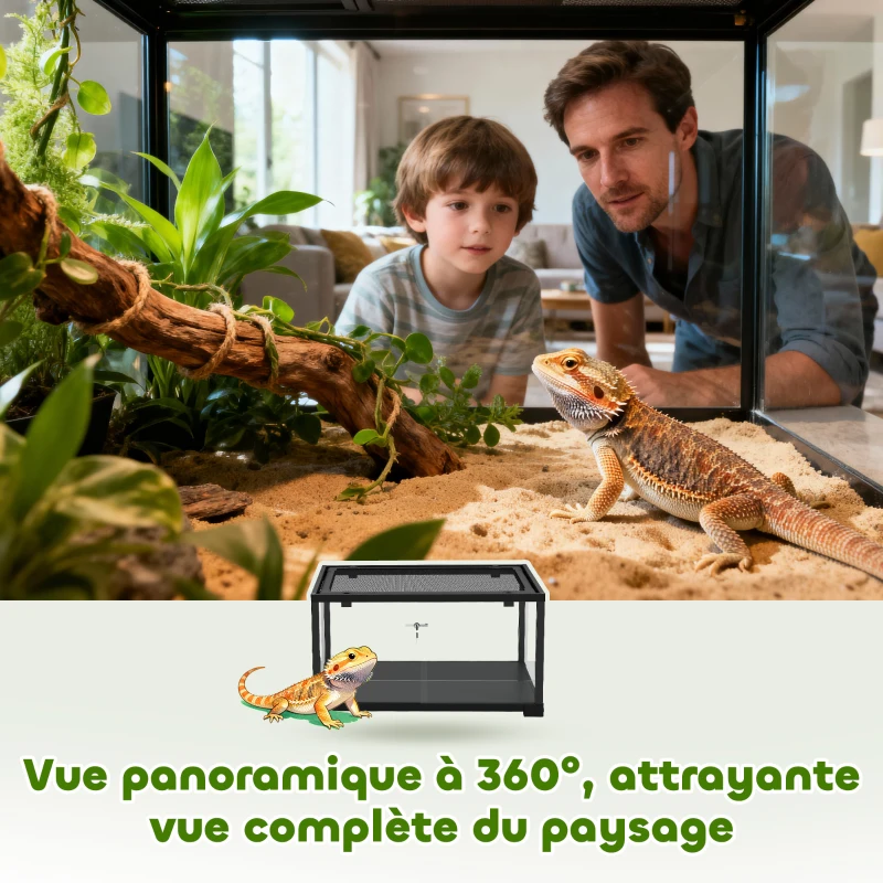 PawHut Terrarium en verre pour reptile enclos pour hamster 86 L ventilation supérieure porte coulissante 50,8x30,5x35,6cm noir